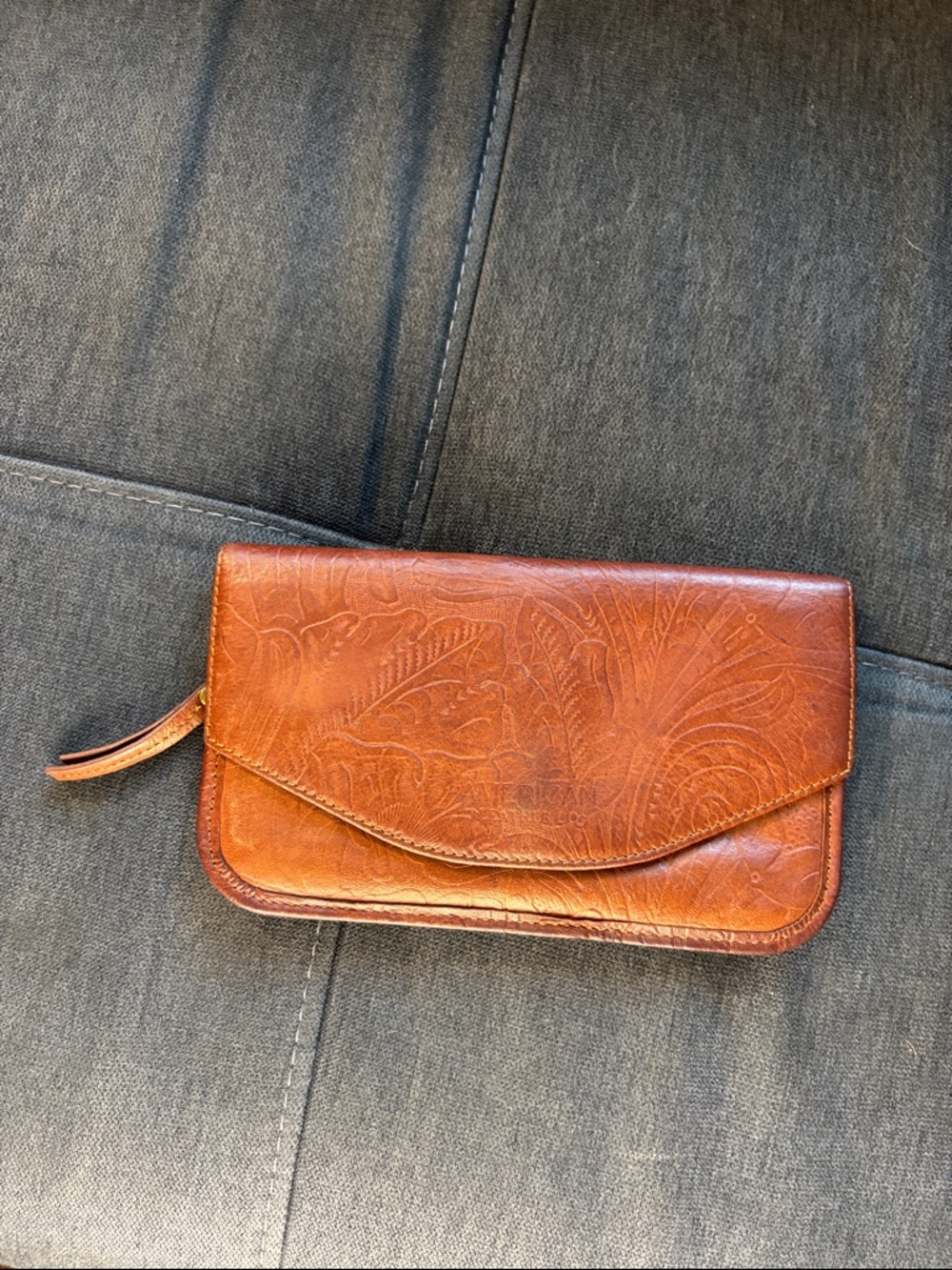 Embossed Tan Leather Clutch Wallet - Classic Floral Design